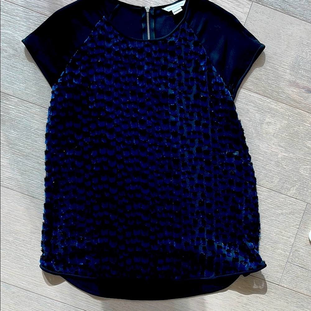Diane Von Furstenberg Blue Textured Cap Sleeve Blouse